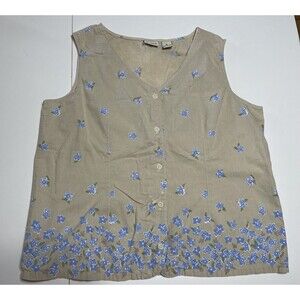 Vintage 90s Classic Elements Beige & Blue Floral Button Up Shirt Tank